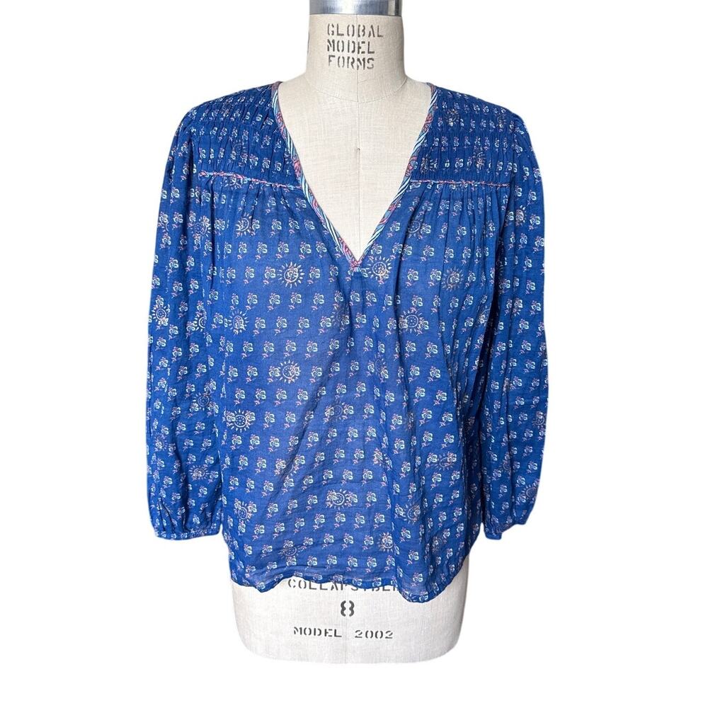 M.A.B.E. Boho V-Neck Floral Print Top Blouse in Blue Size Large/ 10-12